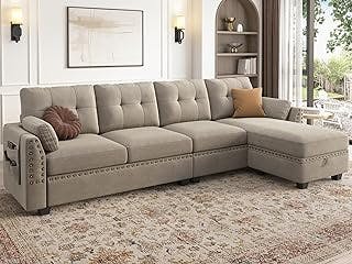 HONBAY Velvet Convertible Sectional Sofa L Shaped Couch with Storage Ottoman Reversible Sectional Couch Sofa for Small Space,Light Grey